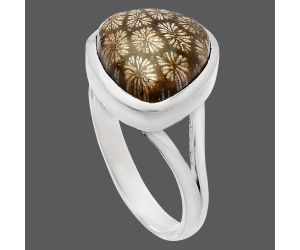 Flower Fossil Coral Ring size-9.5 SDR230438 R-1005, 12x12 mm