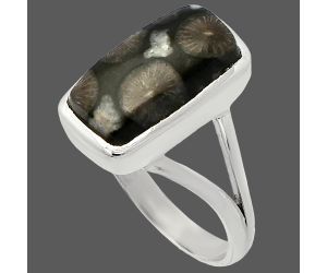 Black Flower Fossil Coral Ring size-9 SDR230635 R-1005, 8x16 mm