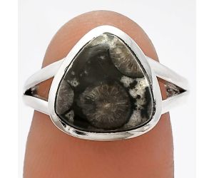 Black Flower Fossil Coral Ring size-7 SDR230680 R-1005, 11x11 mm