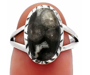 Black Flower Fossil Coral Ring size-6.5 SDR230714 R-1074, 9x14 mm