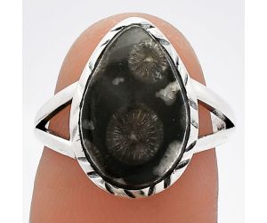Black Flower Fossil Coral Ring size-7 SDR230884 R-1074, 10x15 mm