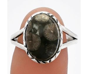 Black Flower Fossil Coral Ring size-8.5 SDR230921 R-1074, 10x14 mm