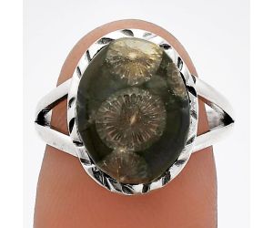 Black Flower Fossil Coral Ring size-7 SDR230931 R-1074, 10x14 mm