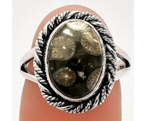 Black Flower Fossil Coral Ring size-7 SDR231448 R-1014, 9x13 mm
