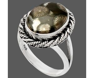 Black Flower Fossil Coral Ring size-7 SDR231463 R-1014, 10x14 mm