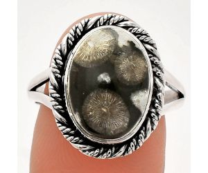 Black Flower Fossil Coral Ring size-9 SDR231489 R-1014, 10x14 mm