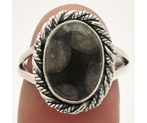 Black Flower Fossil Coral Ring size-7 SDR231495 R-1014, 9x13 mm