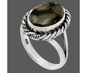 Black Flower Fossil Coral Ring size-7 SDR231495 R-1014, 9x13 mm