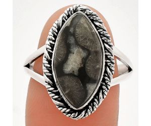 Black Flower Fossil Coral Ring size-9 SDR231506 R-1014, 9x17 mm