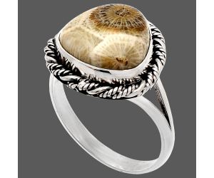 Flower Fossil Coral Ring size-9.5 SDR231510 R-1014, 13x13 mm