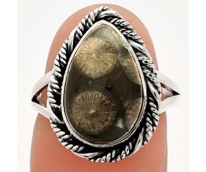 Black Flower Fossil Coral Ring size-7 SDR231512 R-1014, 10x15 mm