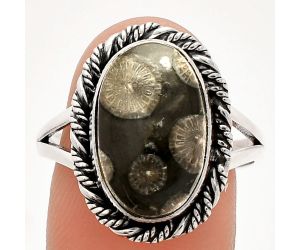 Black Flower Fossil Coral Ring size-9.5 SDR231547 R-1014, 10x16 mm