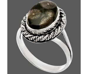 Black Flower Fossil Coral Ring size-8 SDR231605 R-1014, 9x12 mm
