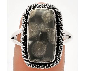 Black Flower Fossil Coral Ring size-9.5 SDR231607 R-1014, 9x17 mm