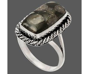 Black Flower Fossil Coral Ring size-9.5 SDR231607 R-1014, 9x17 mm