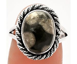Black Flower Fossil Coral Ring size-7 SDR231630 R-1014, 10x13 mm