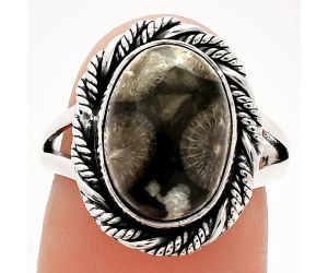 Black Flower Fossil Coral Ring size-7 SDR231665 R-1014, 9x13 mm