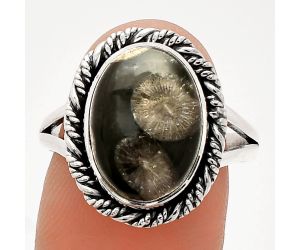 Black Flower Fossil Coral Ring size-9 SDR231741 R-1014, 10x14 mm
