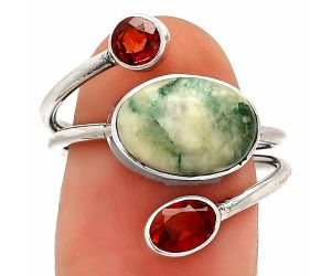 Tree Weed Moss Agate and Garnet Ring size-8 SDR232034 R-1209, 8x12 mm