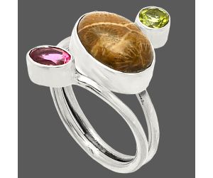 Flower Fossil Coral, Garnet & Peridot Ring size-7 SDR232042 R-1209, 8x12 mm
