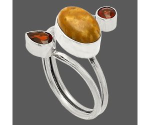 Palm Root Fossil Agate and Garnet Ring size-9 SDR232047 R-1209, 7x11 mm