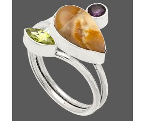 Honey Dendritic Opal, Peridot & Garnet Ring size-10 SDR232058 R-1209, 8x14 mm