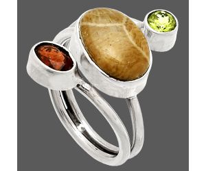 Flower Fossil Coral, Garnet & Peridot Ring size-6 SDR232070 R-1209, 8x12 mm