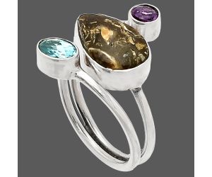 Copper Abalone Shell, Sky Blue Topaz & Amethyst Ring size-7 SDR232084 R-1209, 9x13 mm