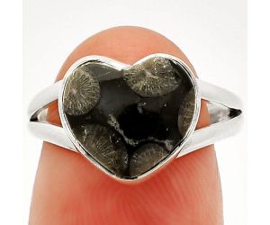 Heart - Black Flower Fossil Coral Ring size-6.5 SDR233953 R-1073, 11x11 mm