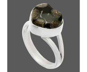 Heart - Black Flower Fossil Coral Ring size-6.5 SDR233953 R-1073, 11x11 mm