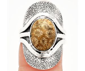 Flower Fossil Coral Ring size-7 SDR234040 R-1402, 10x13 mm