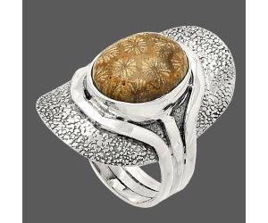 Flower Fossil Coral Ring size-7 SDR234040 R-1402, 10x13 mm