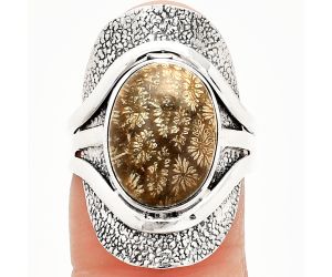 Flower Fossil Coral Ring size-7 SDR234041 R-1402, 10x14 mm