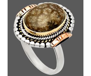 Two Tone - Flower Fossil Coral Ring size-9 SDR234259 R-1414, 11x15 mm