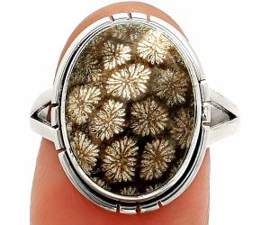 Flower Fossil Coral Ring size-9 SDR234648 R-1012, 12x16 mm