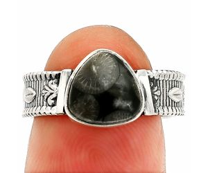 Black Flower Fossil Coral Ring size-8 SDR235513 R-1058, 9x9 mm