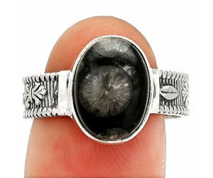 Black Flower Fossil Coral Ring size-9 SDR235615 R-1058, 9x12 mm