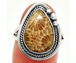 Flower Fossil Coral Ring size-8 SDR236299 R-1148, 11x16 mm