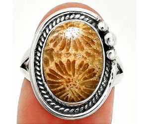 Flower Fossil Coral Ring size-7 SDR236374 R-1148, 10x14 mm