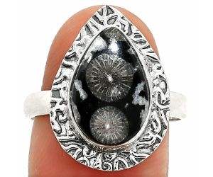 Black Flower Fossil Coral Ring size-9 SDR236476 R-1649, 9x14 mm
