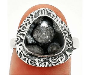 Black Flower Fossil Coral Ring size-8 SDR236553 R-1649, 11x11 mm
