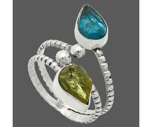 Adjustable - Rare Kornerupine Rough and Neon Blue Apatite Rough Ring size-7 SDR237120 R-1724, 6x9 mm