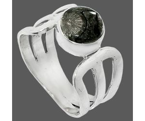 Black Flower Fossil Coral Ring size-7 SDR237492 R-1162, 8x8 mm