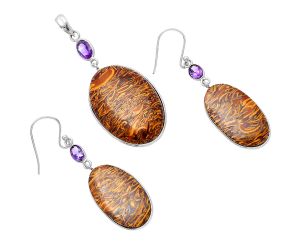 Coquina Fossil Jasper and Amethyst Pendant Earrings Set SDT03072 T-1010, 20x31 mm