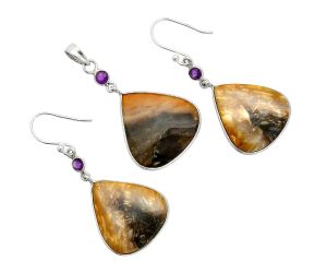 Palm Root Fossil Agate and Amethyst Pendant Earrings Set SDT03271 T-1010, 21x21 mm