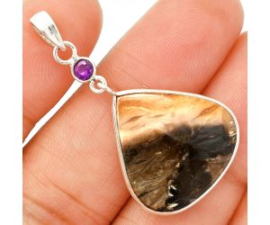 Palm Root Fossil Agate and Amethyst Pendant Earrings Set SDT03271 T-1010, 21x21 mm