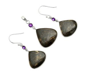 Palm Root Fossil Agate and Amethyst Pendant Earrings Set SDT03286 T-1010, 20x22 mm