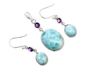 Larimar (Dominican Republic) and Amethyst Pendant Earrings Set SDT03340 T-1010, 14x19 mm