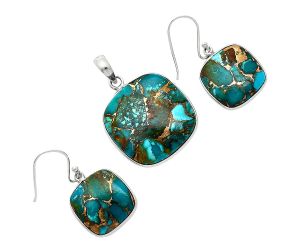 Kingman Copper Teal Turquoise Pendant Earrings Set SDT03378 T-1001, 23x23 mm