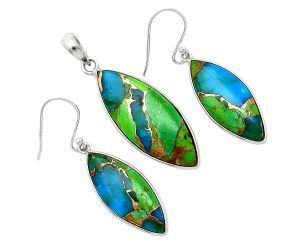 Blue Turquoise In Green Mohave Pendant Earrings Set SDT03445 T-1001, 13x32 mm